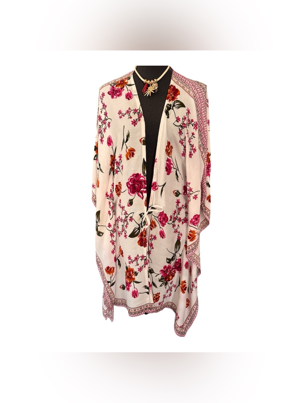 Japna Floral Boho Kimono Cardigan in White with Red & Orange Flowers - Picture 2 of 6
